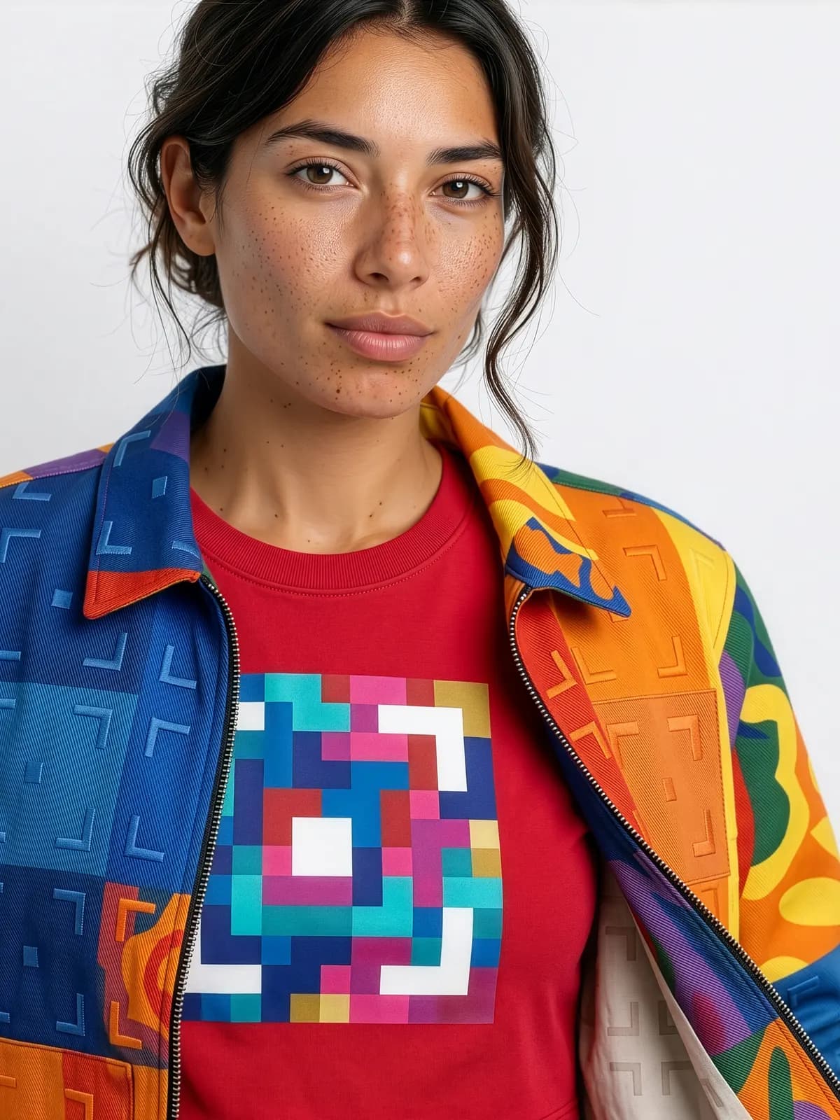 Model wearing a multicolor patchwork jacket over a red graphic tee
