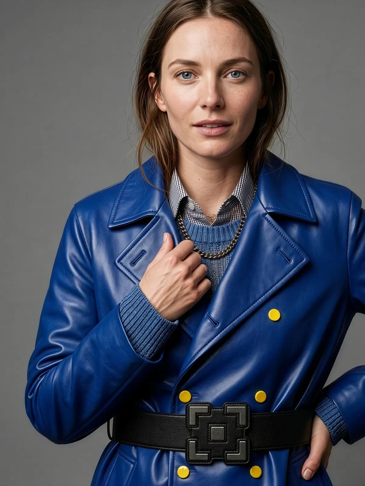 Studio portrait of a model in a blue leather trench coat