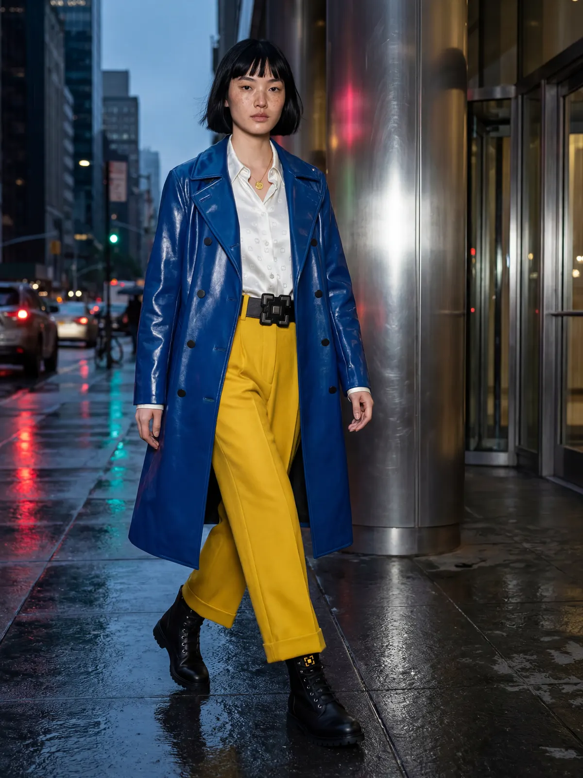 Model in a blue coat and yellow trousers on a rainy city street at night