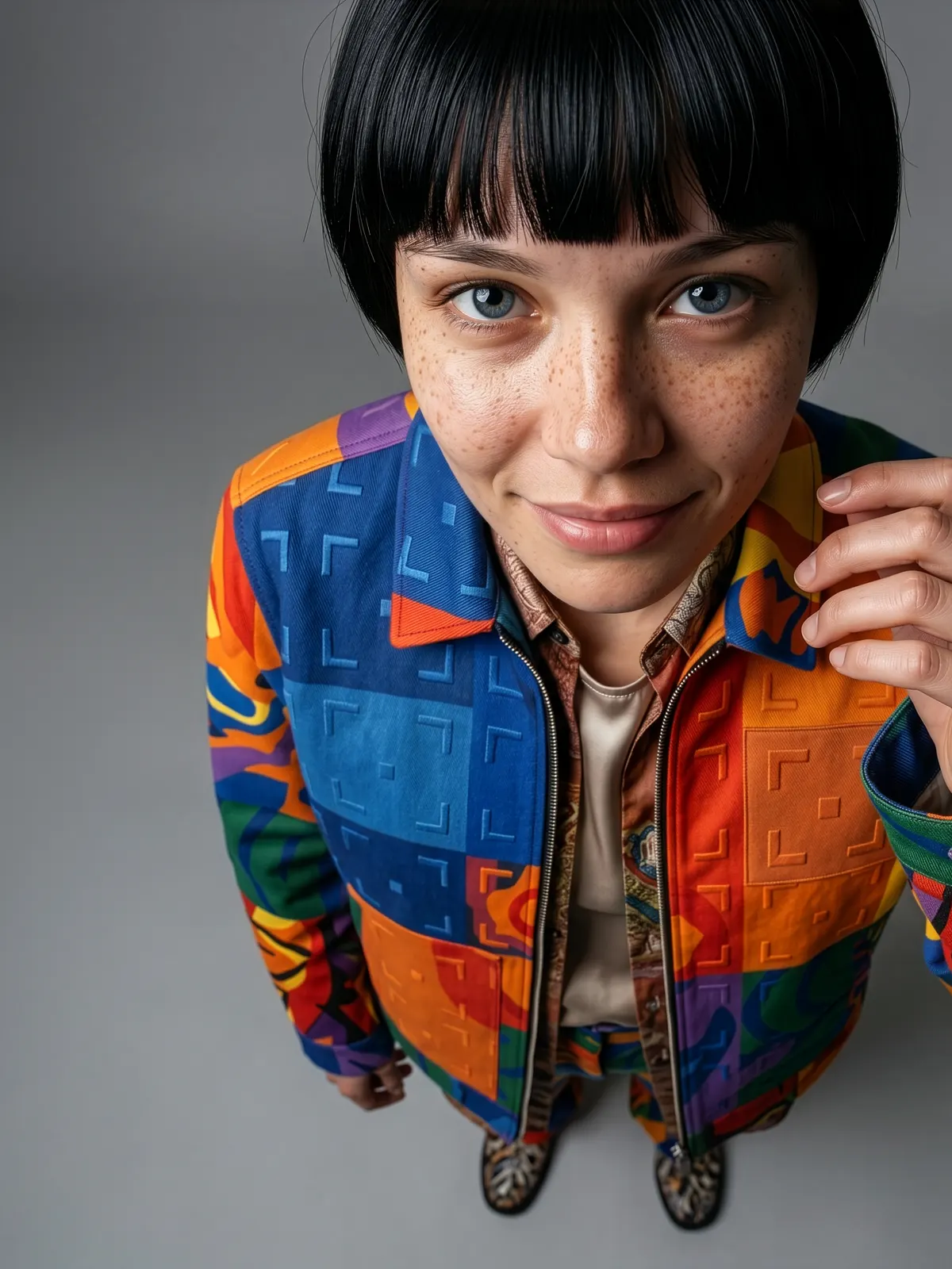 Overhead shot of a model in a multicolor patchwork jacket