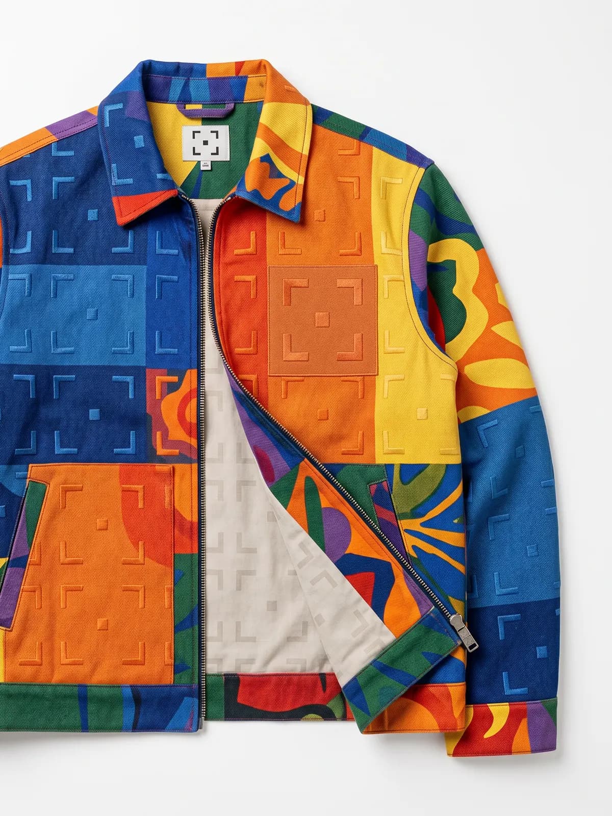 Flat front packshot of a multicolor patchwork jacket