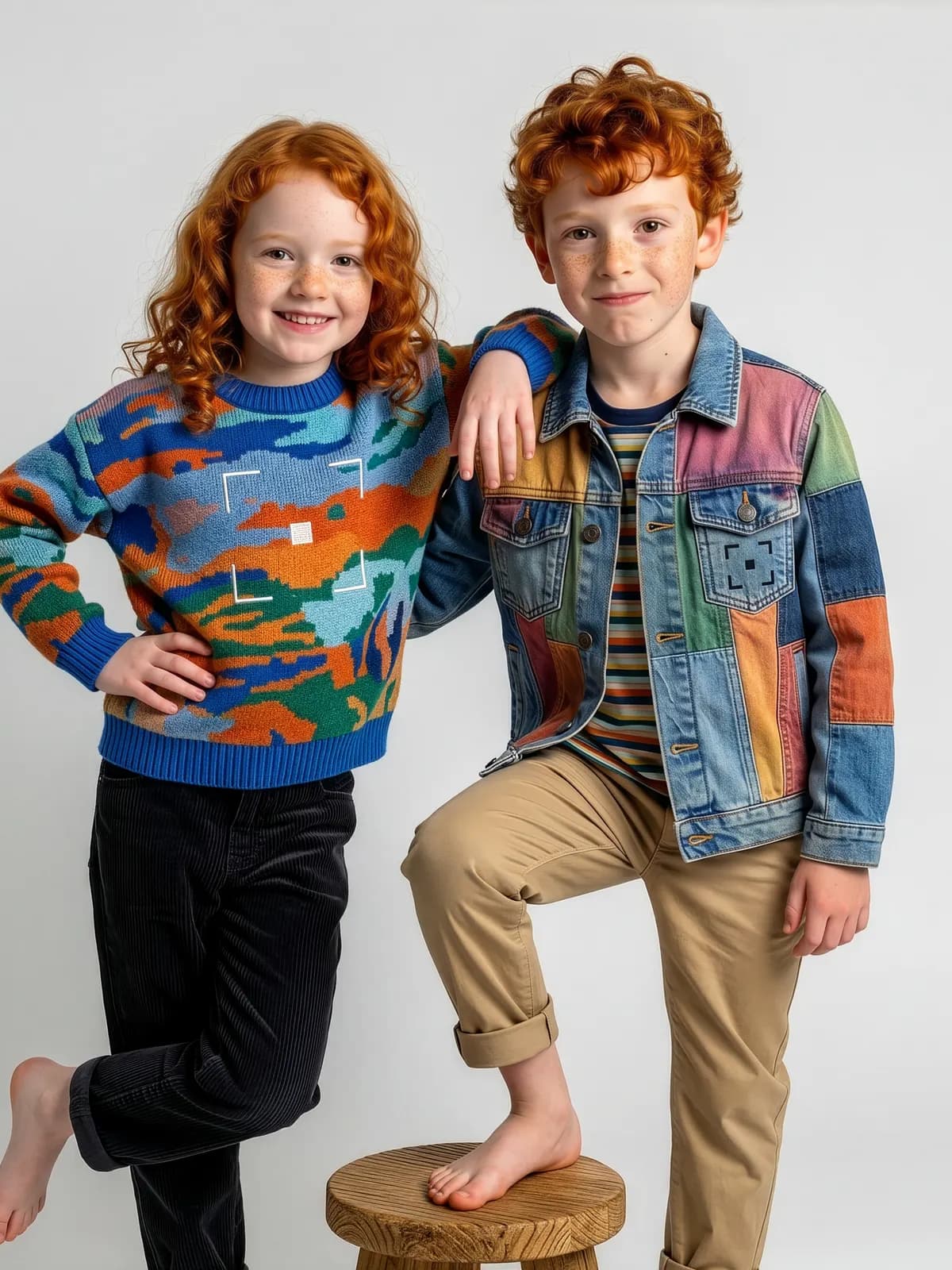 Two kids in colorful knitwear posing for a campaign shot